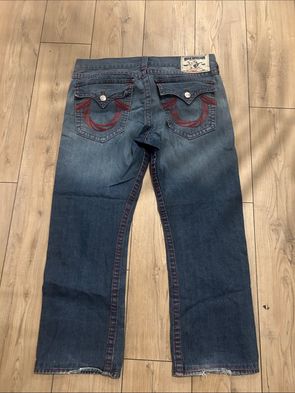 True Religion Men's Blue Straight Jeans with Red Back Stitch